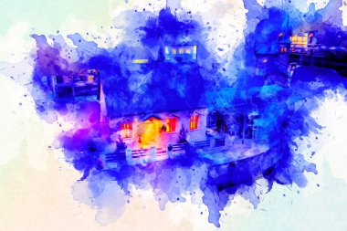 Geceleri, Wroclaw, Polonya 'daki eski moda buhar treni antika, model, minyatür sanat ilüstrasyonu