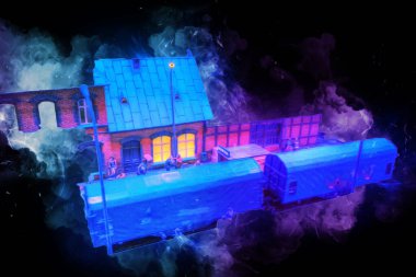 Geceleri, Wroclaw, Polonya 'daki eski moda buhar treni antika, model, minyatür sanat ilüstrasyonu