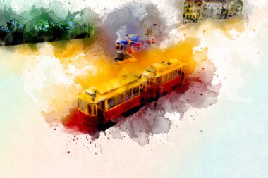 Wroclaw, Polonya 'da tramvay, sanat ilüstrasyonu antika, model, minyatür