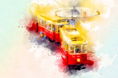 Wroclaw, Polonya 'da tramvay, sanat ilüstrasyonu antika, model, minyatür