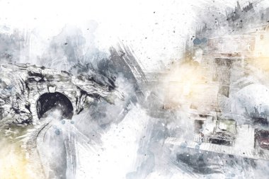 Elektrik turist treni, tünel ve cilalama köyü arka planda, Polonya, sanat ilüstrasyonu antika, model, minyatür