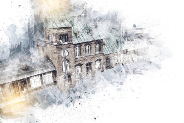 Elektrik turist treni, tünel ve cilalama köyü arka planda, Polonya, sanat ilüstrasyonu antika, model, minyatür