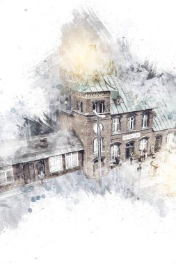 Elektrik turist treni, tünel ve cilalama köyü arka planda, Polonya, sanat ilüstrasyonu antika, model, minyatür