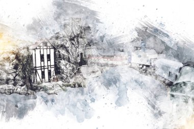 Elektrik turist treni, tünel ve cilalama köyü arka planda, Polonya, sanat ilüstrasyonu antika, model, minyatür