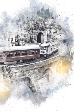 Elektrik turist treni, tünel ve cilalama köyü arka planda, Polonya, sanat ilüstrasyonu antika, model, minyatür