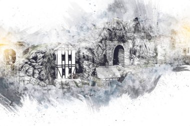 Elektrik turist treni, tünel ve cilalama köyü arka planda, Polonya, sanat ilüstrasyonu antika, model, minyatür