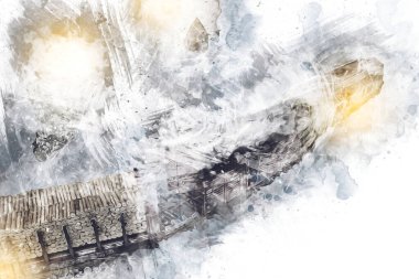 Elektrik turist treni, tünel ve cilalama köyü arka planda, Polonya, sanat ilüstrasyonu antika, model, minyatür