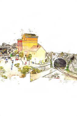 Elektrik turist treni, tünel ve cilalama köyü arka planda, Polonya, sanat ilüstrasyonu antika, model, minyatür