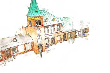 Elektrik turist treni, tünel ve cilalama köyü arka planda, Polonya, sanat ilüstrasyonu antika, model, minyatür