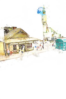 Elektrik turist treni, tünel ve cilalama köyü arka planda, Polonya, sanat ilüstrasyonu antika, model, minyatür