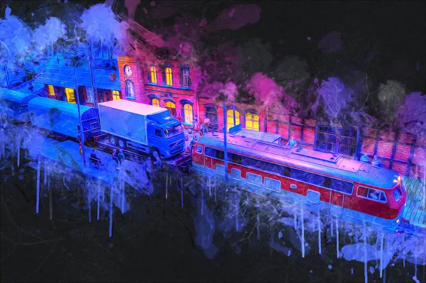 밤이면 폴란드의 기관차 미술적 비탈길 — 스톡 사진