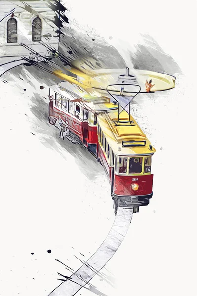 Tramvaj Městě Vratislav Polsko Umění Ilustrace Vintage Retro Starožitnost Model — Stock fotografie