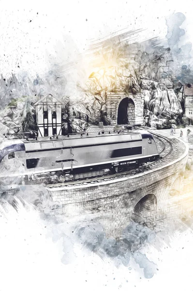 ポーランドを背景にした電気鉄道 トンネル ポリッシュ村 アートイラストヴィンテージレトロアンティーク モデル ミニチュア — ストック写真