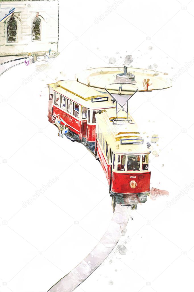 Tram in the city of Wroclaw, Poland, art ilustration vintage retro antique, model, miniature