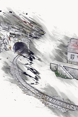 Elektrik turist treni, tünel ve cilalama köyü arka planda, Polonya, sanat ilüstrasyonu antika, model, minyatür