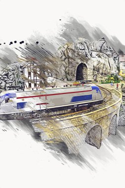 Elektrik turist treni, tünel ve cilalama köyü arka planda, Polonya, sanat ilüstrasyonu antika, model, minyatür