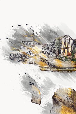 Elektrik turist treni, tünel ve cilalama köyü arka planda, Polonya, sanat ilüstrasyonu antika, model, minyatür