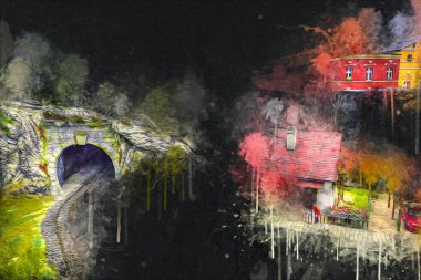 Elektrik turist treni, tünel ve cilalama köyü arka planda, Polonya, sanat ilüstrasyonu antika, model, minyatür