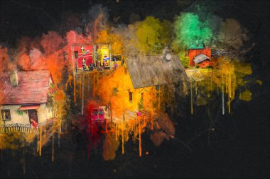 Elektrik turist treni, tünel ve cilalama köyü arka planda, Polonya, sanat ilüstrasyonu antika, model, minyatür