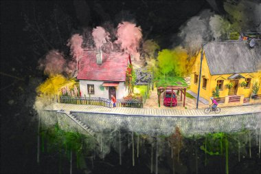 Elektrik turist treni, tünel ve cilalama köyü arka planda, Polonya, sanat ilüstrasyonu antika, model, minyatür