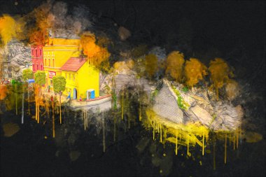 Elektrik turist treni, tünel ve cilalama köyü arka planda, Polonya, sanat ilüstrasyonu antika, model, minyatür