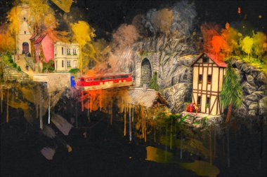 Elektrik turist treni, tünel ve cilalama köyü arka planda, Polonya, sanat ilüstrasyonu antika, model, minyatür