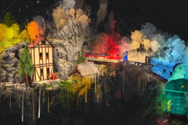 Elektrik turist treni, tünel ve cilalama köyü arka planda, Polonya, sanat ilüstrasyonu antika, model, minyatür