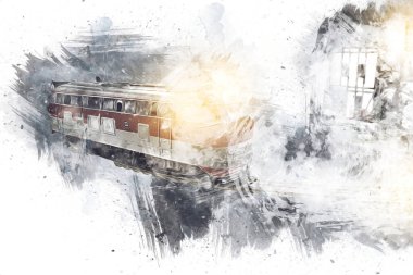 Avrupa 'daki tren istasyonunda yüksek hızlı tren. Demiryolu platformunda modern şehirlerarası tren. Demiryolu ve binaların üzerinde güzel bir yolcu treni olan şehir manzarası