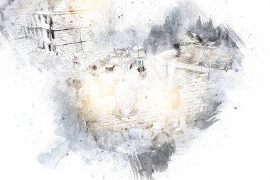 Modern inşaat alanında çalışan işçiler. Hızlı kentsel gelişim kavramı. sanat, ilüstrasyon, vintage, retro, antika, model, minyatür