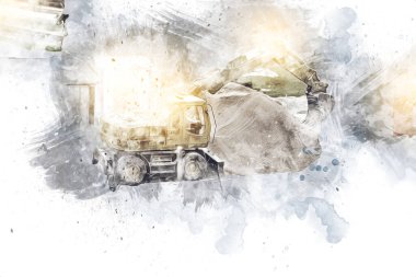 Modern inşaat alanında çalışan işçiler. Hızlı kentsel gelişim kavramı. sanat, ilüstrasyon, vintage, retro, antika, model, minyatür