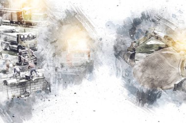 Modern inşaat alanında çalışan işçiler. Hızlı kentsel gelişim kavramı. sanat, ilüstrasyon, vintage, retro, antika, model, minyatür