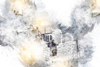 Modern inşaat alanında çalışan işçiler. Hızlı kentsel gelişim kavramı. sanat, ilüstrasyon, vintage, retro, antika, model, minyatür