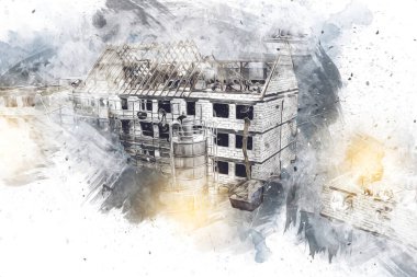 Modern inşaat alanında çalışan işçiler. Hızlı kentsel gelişim kavramı. sanat, ilüstrasyon, vintage, retro, antika, model, minyatür