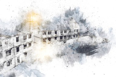 Modern inşaat alanında çalışan işçiler. Hızlı kentsel gelişim kavramı. sanat, ilüstrasyon, vintage, retro, antika, model, minyatür