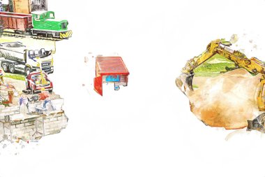 Modern inşaat alanında çalışan işçiler. Hızlı kentsel gelişim kavramı. sanat, ilüstrasyon, vintage, retro, antika, model, minyatür