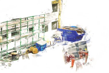 Modern inşaat alanında çalışan işçiler. Hızlı kentsel gelişim kavramı. sanat, ilüstrasyon, vintage, retro, antika, model, minyatür