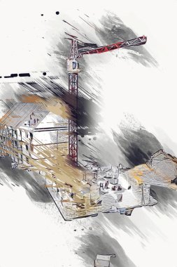 Modern inşaat alanında çalışan işçiler. Hızlı kentsel gelişim kavramı. sanat, ilüstrasyon, vintage, retro, antika, model, minyatür