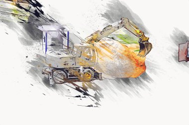 Modern inşaat alanında çalışan işçiler. Hızlı kentsel gelişim kavramı. sanat, ilüstrasyon, vintage, retro, antika, model, minyatür