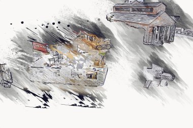 Modern inşaat alanında çalışan işçiler. Hızlı kentsel gelişim kavramı. sanat, ilüstrasyon, vintage, retro, antika, model, minyatür