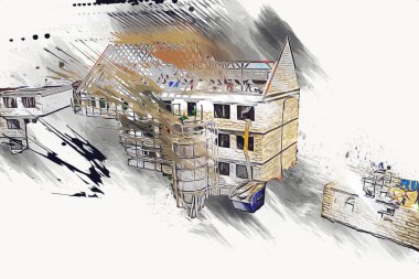 Modern inşaat alanında çalışan işçiler. Hızlı kentsel gelişim kavramı. sanat, ilüstrasyon, vintage, retro, antika, model, minyatür