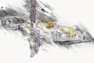 Modern inşaat alanında çalışan işçiler. Hızlı kentsel gelişim kavramı. sanat, ilüstrasyon, vintage, retro, antika, model, minyatür