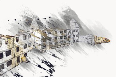 Modern inşaat alanında çalışan işçiler. Hızlı kentsel gelişim kavramı. sanat, ilüstrasyon, vintage, retro, antika, model, minyatür