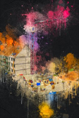 Modern inşaat alanında çalışan işçiler. Hızlı kentsel gelişim kavramı. sanat, ilüstrasyon, vintage, retro, antika, model, minyatür