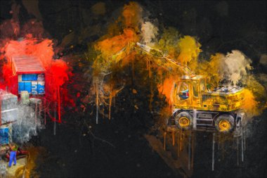 Modern inşaat alanında çalışan işçiler. Hızlı kentsel gelişim kavramı. sanat, ilüstrasyon, vintage, retro, antika, model, minyatür