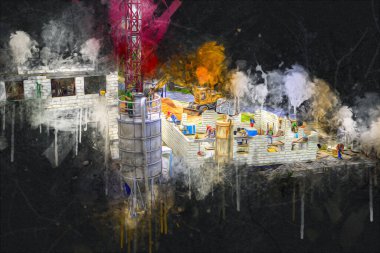 Modern inşaat alanında çalışan işçiler. Hızlı kentsel gelişim kavramı. sanat, ilüstrasyon, vintage, retro, antika, model, minyatür