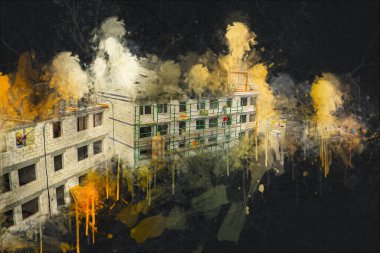 Modern inşaat alanında çalışan işçiler. Hızlı kentsel gelişim kavramı. sanat, ilüstrasyon, vintage, retro, antika, model, minyatür