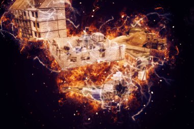 Modern inşaat alanında çalışan işçiler. Hızlı kentsel gelişim kavramı. sanat, ilüstrasyon, vintage, retro, antika, model, minyatür