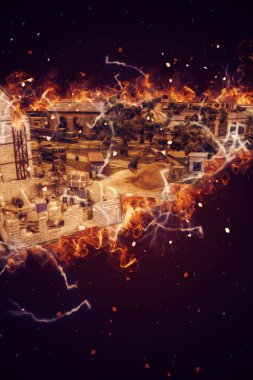 Modern inşaat alanında çalışan işçiler. Hızlı kentsel gelişim kavramı. sanat, ilüstrasyon, vintage, retro, antika, model, minyatür