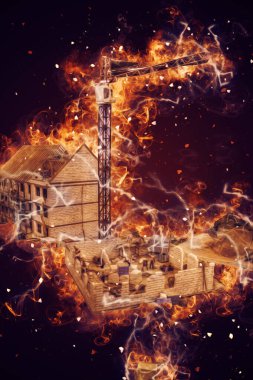 Modern inşaat alanında çalışan işçiler. Hızlı kentsel gelişim kavramı. sanat, ilüstrasyon, vintage, retro, antika, model, minyatür