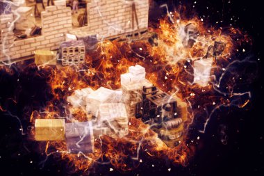 Modern inşaat alanında çalışan işçiler. Hızlı kentsel gelişim kavramı. sanat, ilüstrasyon, vintage, retro, antika, model, minyatür